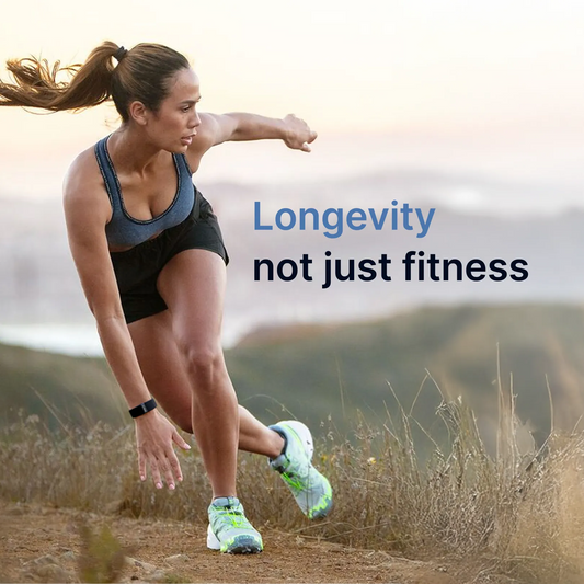 Woman trail running wearing a Hume Band; text reads longevity not just fitness