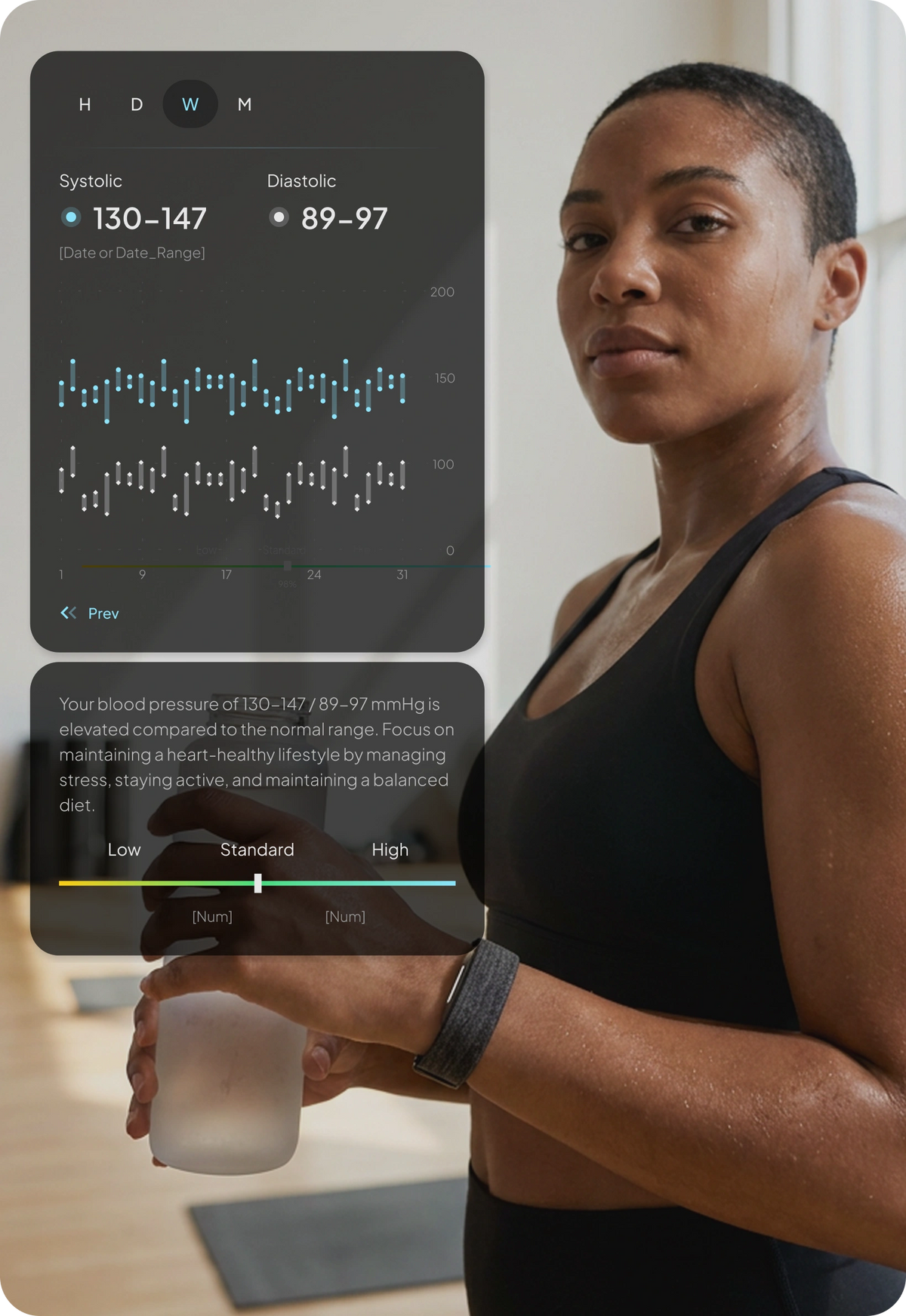 Person wearing a hume band 2.0 while holding a water bottle after exercise. A health dashboard overlay displays weekly cardiovascular insights readings with systolic values of 130–147 mmHg and diastolic values of 89–97 mmHg, indicating elevated cardiovascular insights and lifestyle recommendations.