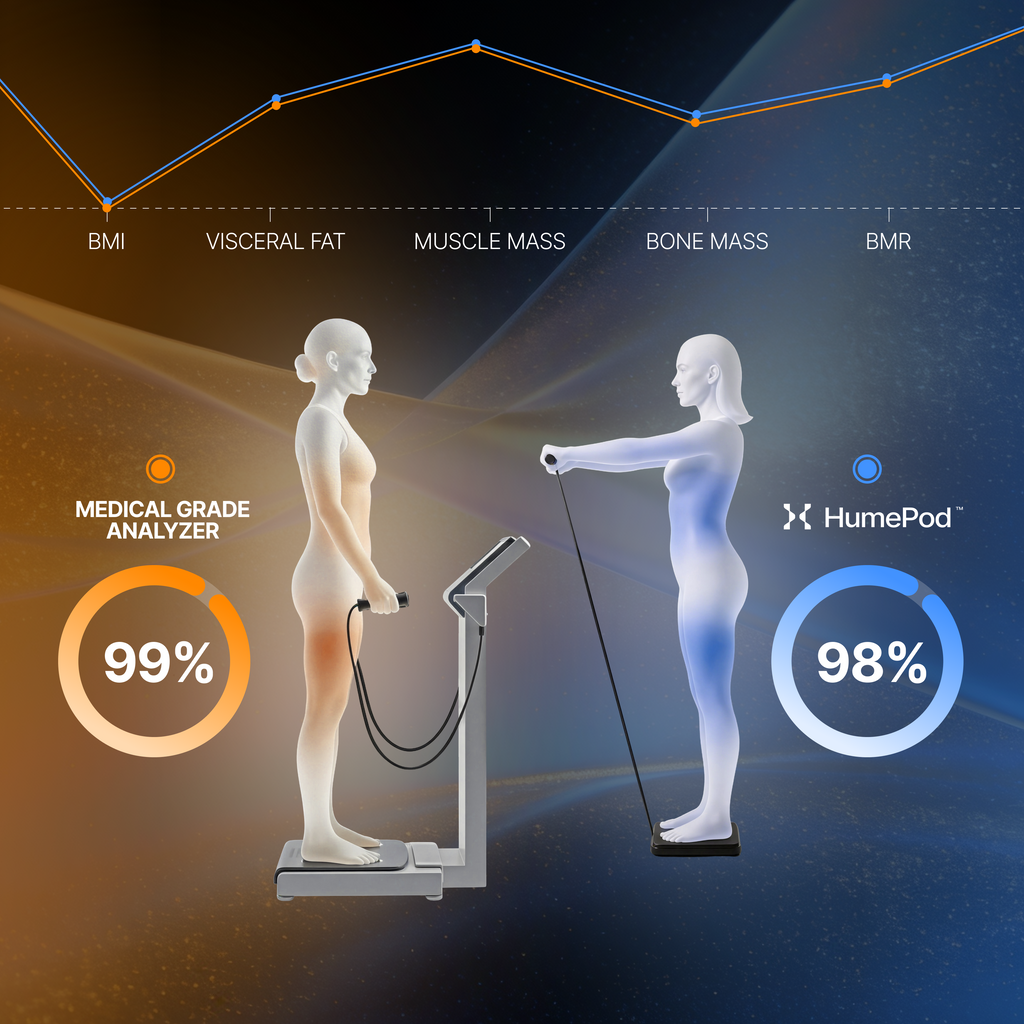 HumePod medical grade analyzer with human figures and health metrics on a dark background